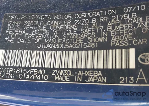 2010 Toyota Prius Ii from USA, damaged, VIN JTDKN3DU5A0215481